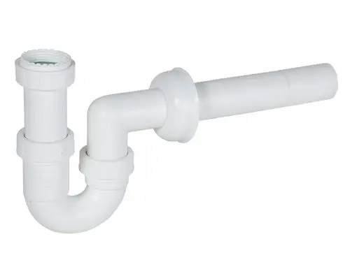 Kondensatsiphon aus weißem Kunststoff von Fränkische, mit U-förmigem Design und einem Anschluss für Abflussleitungen.